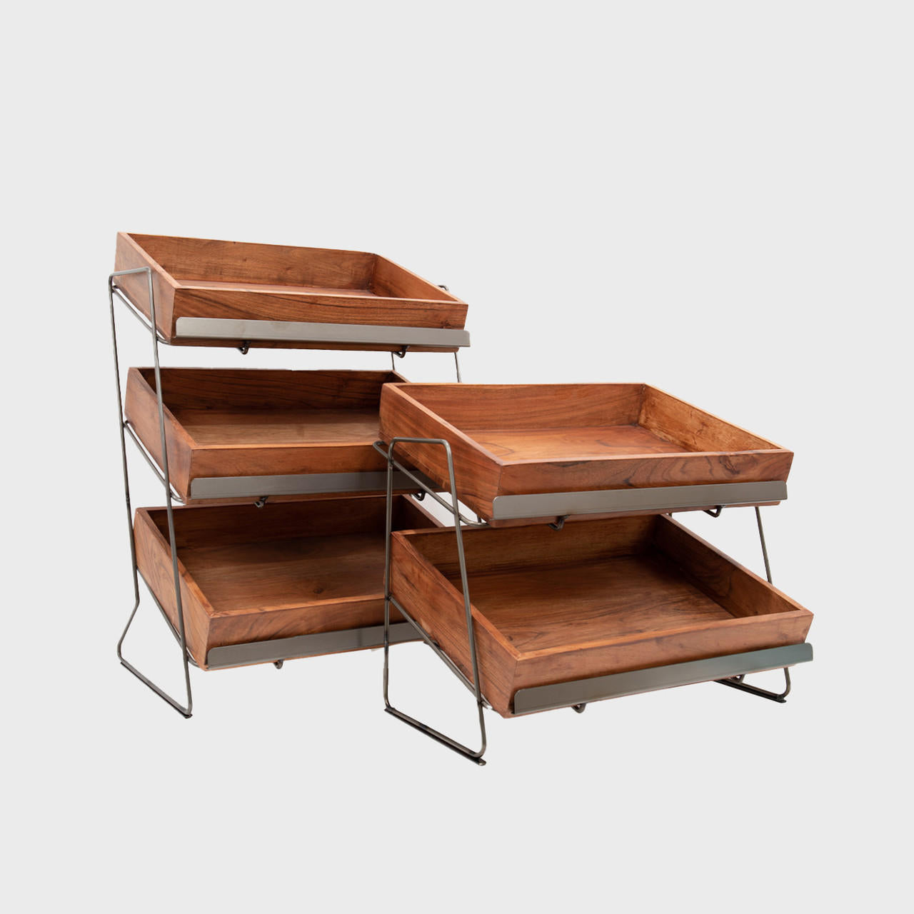Railton tiered countertop display unit with medium acacia trays featuring a multi-tiered layout for product positioning.