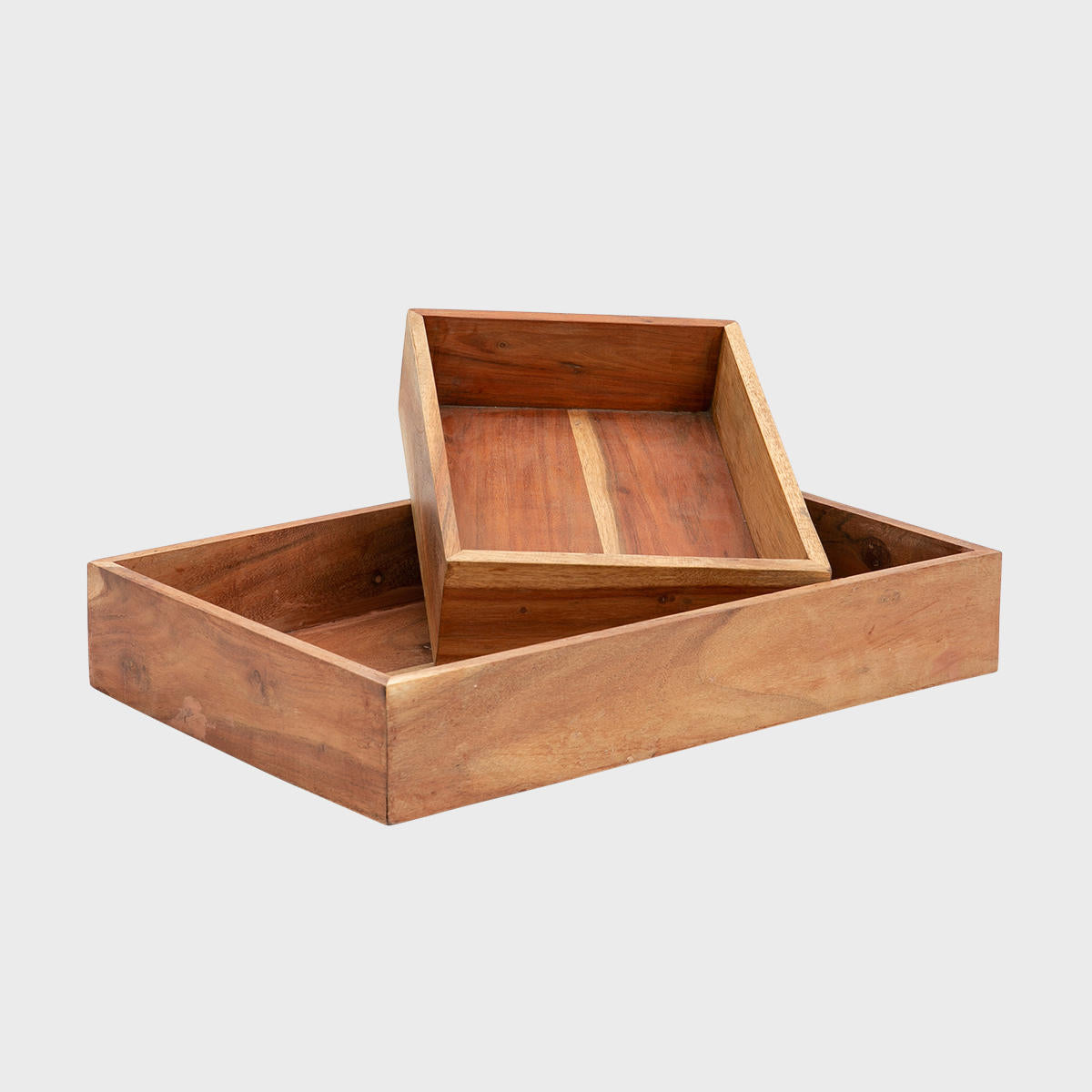 Railton acacia wood display tray with structured, low-profile walls and open-top design.