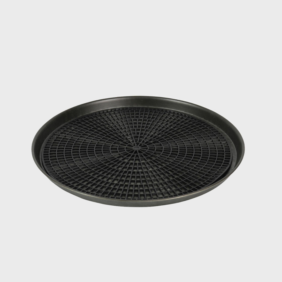 Round bar tray with non-slip mat with structured, low-profile walls and open-top design.
