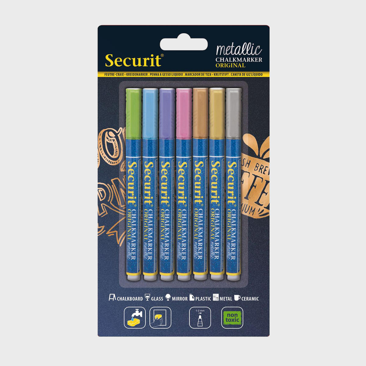 Securit 1-2mm multicoloured metallic liquid chalk markers (set of 7) professional clean structural profile finish.