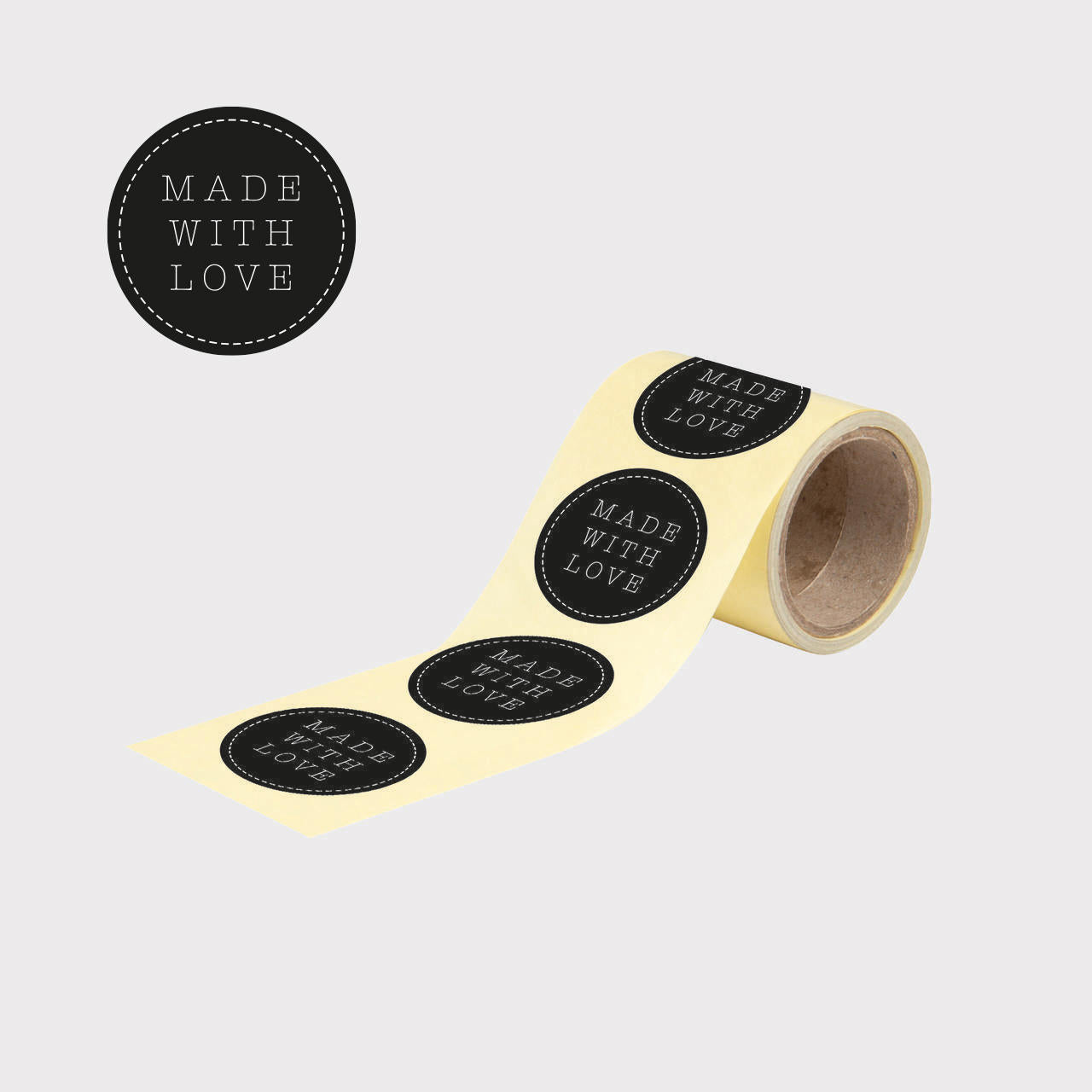 48mm made with love sticker (100 p/roll) with a high-quality finish used as a decorative accent.