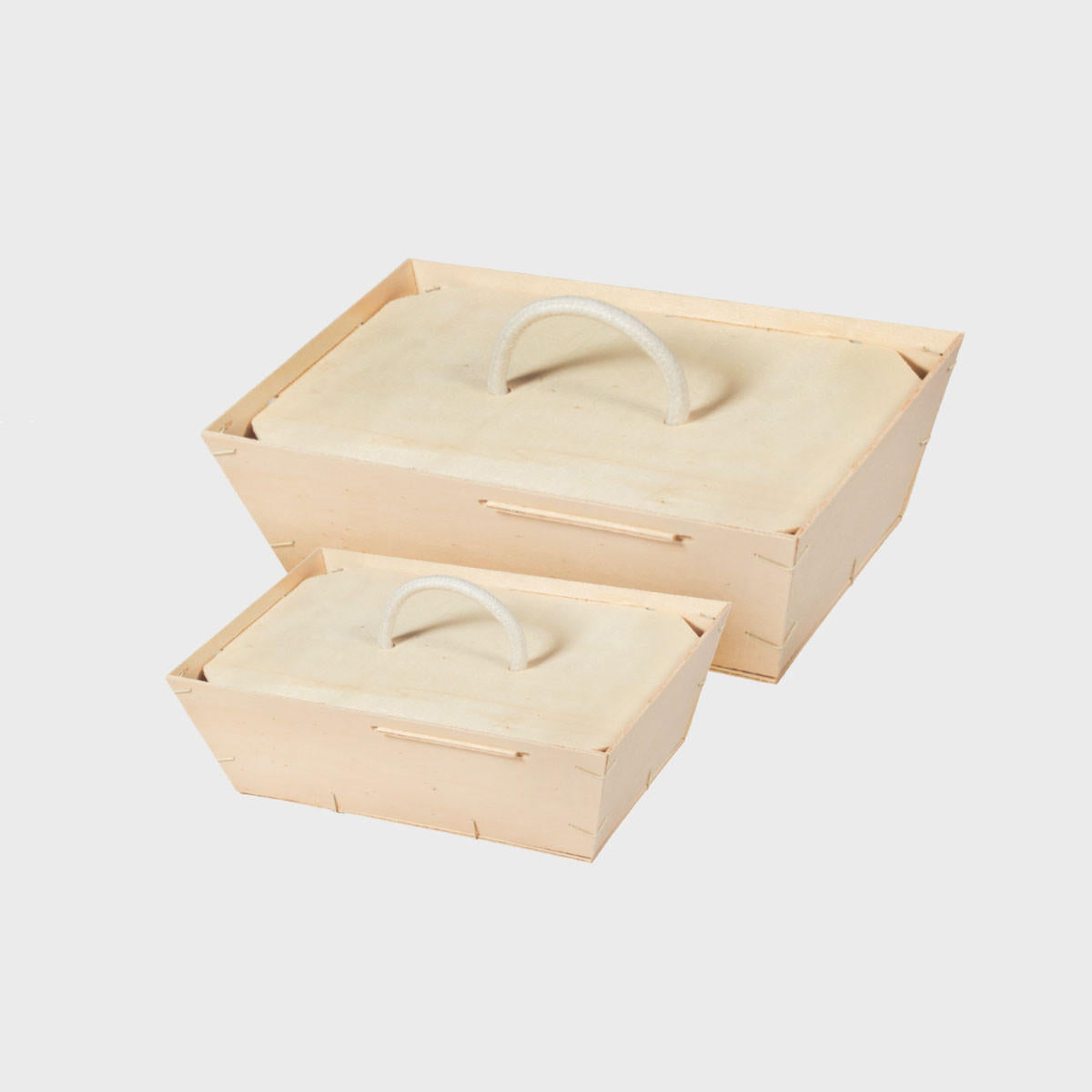 Wooden gift tray with clip on lid with structured, low-profile walls and open-top design.