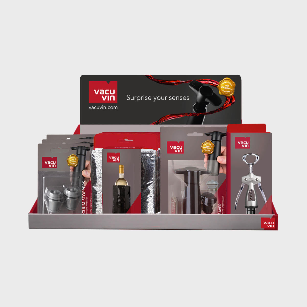 Vacu vin wine accessory countertop display featuring a multi-tiered layout for product positioning.
