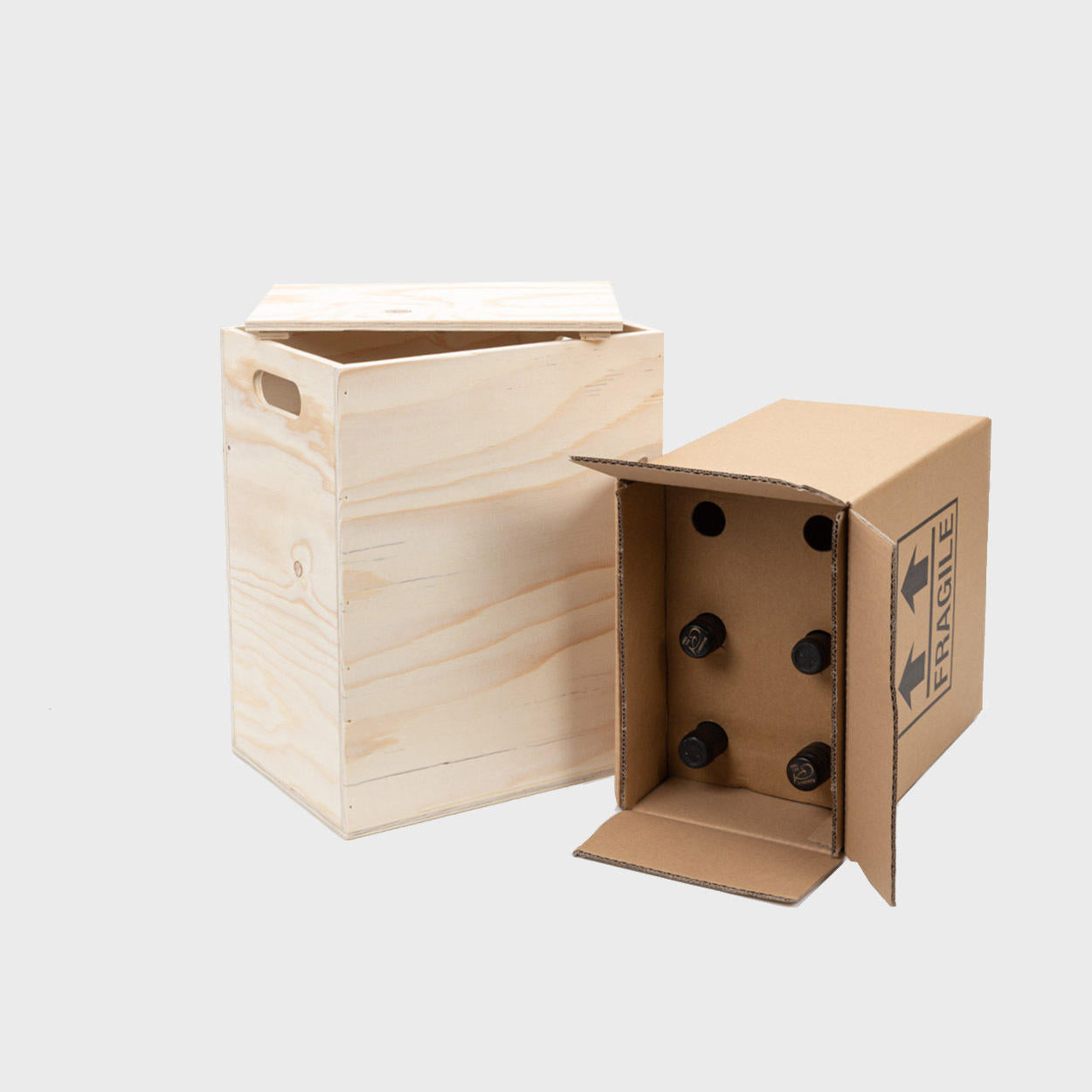Tall wooden hamper box with drop on lid from high-density rigid paperboard.