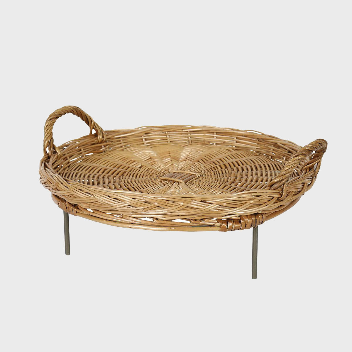 Matlock countertop stand with wicker tray with structured, low-profile walls and open-top design.