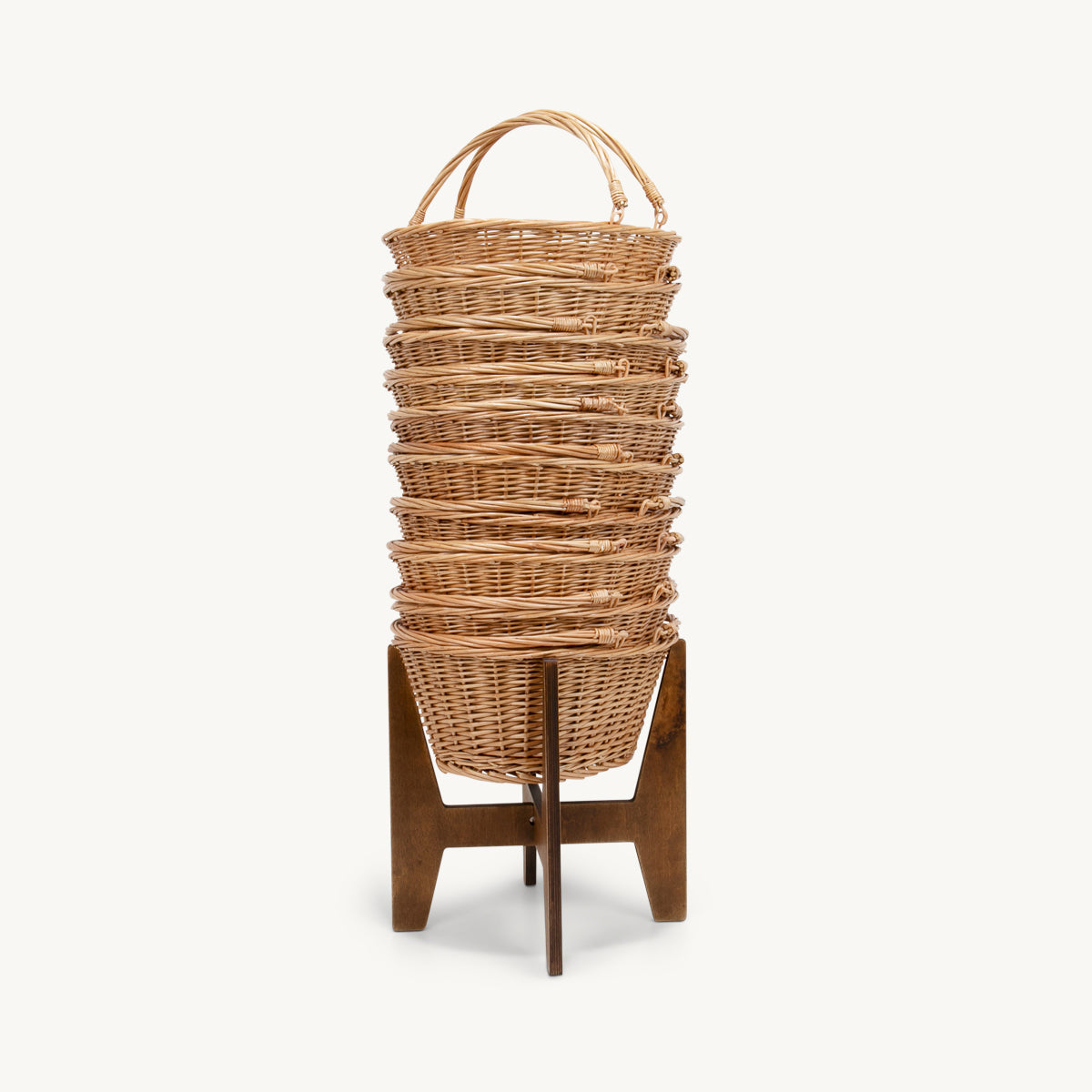 Wicker shopping basket with stand hand-woven from natural split-wicker.