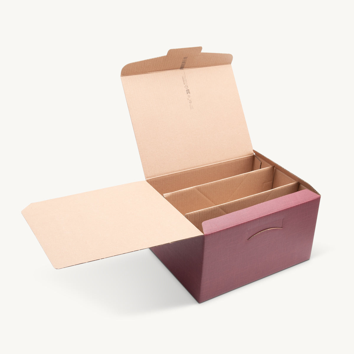 6 bottle burgundy front opening stacked gift box from high-density rigid paperboard.