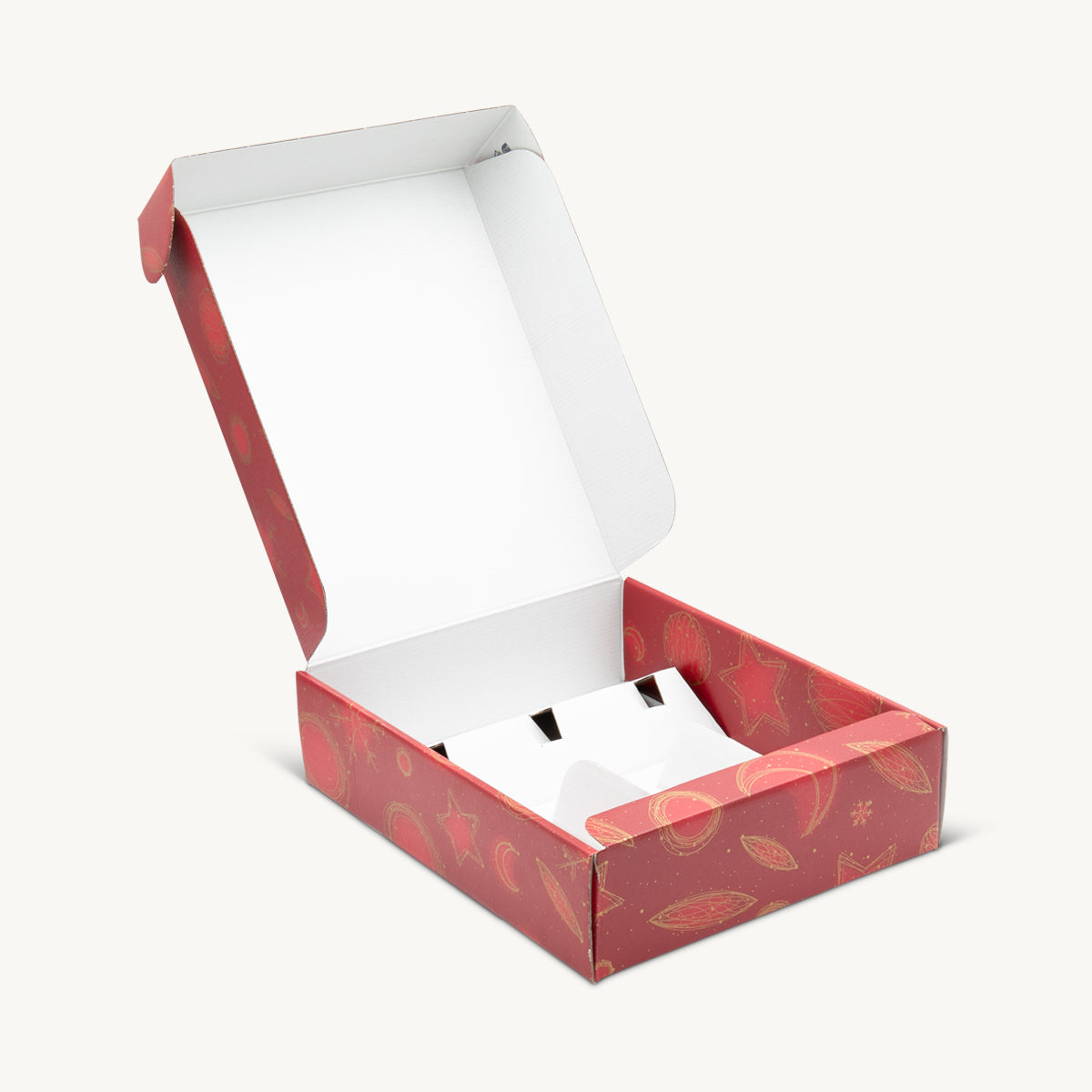 3 Bottle red snowflake front opening gift box from high-density rigid paperboard.