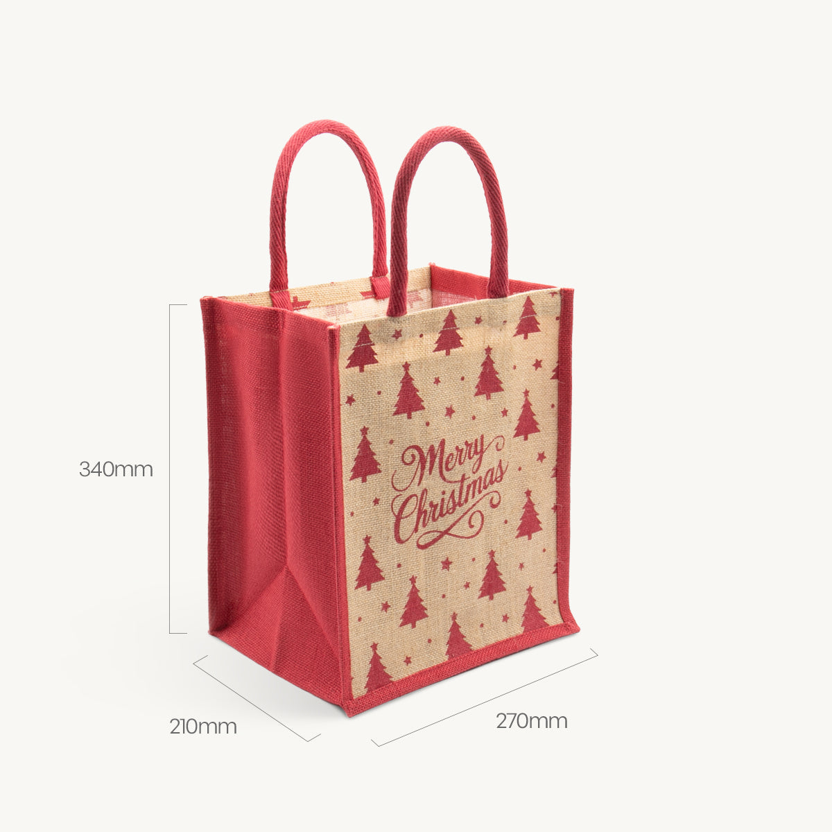 Medium natural jute Christmas joy gift bag featuring a patterned finish and heavy-duty handles.