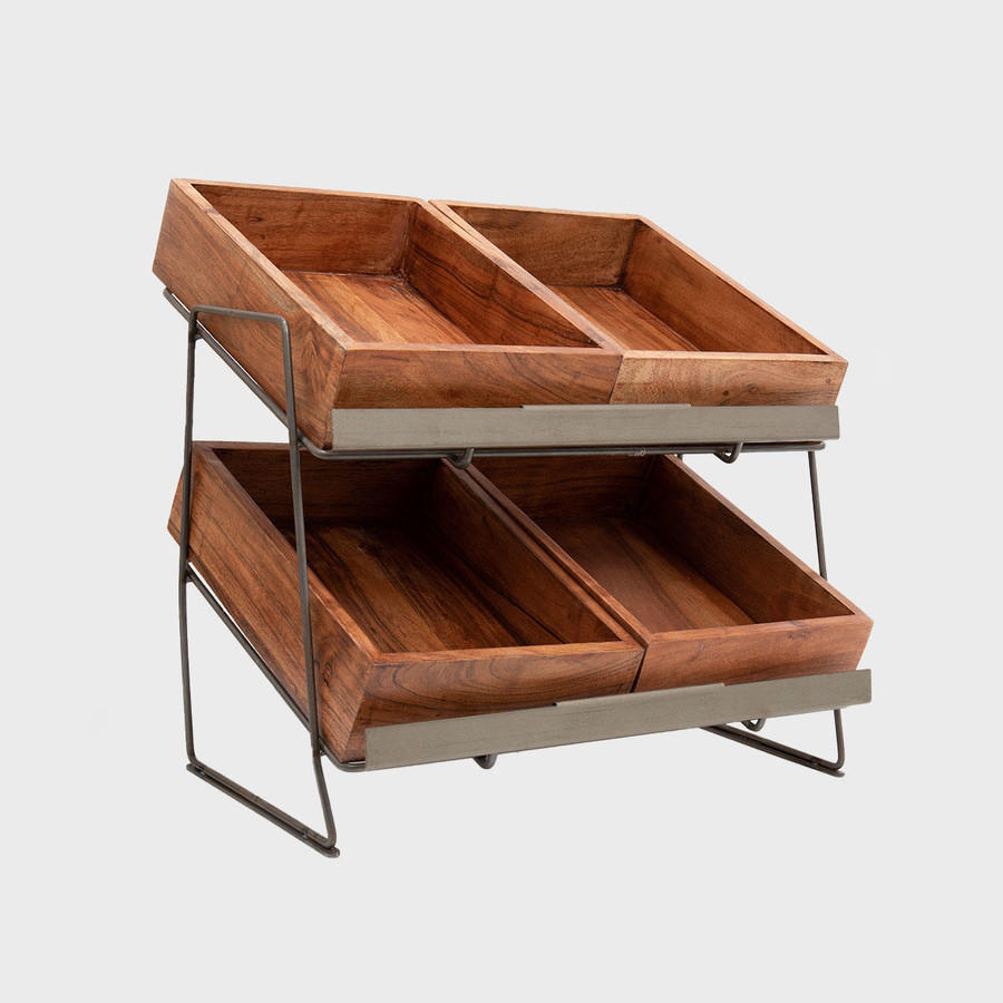 Railton tiered counter top display unit with small acacia trays multi-tiered layout for product positioning.