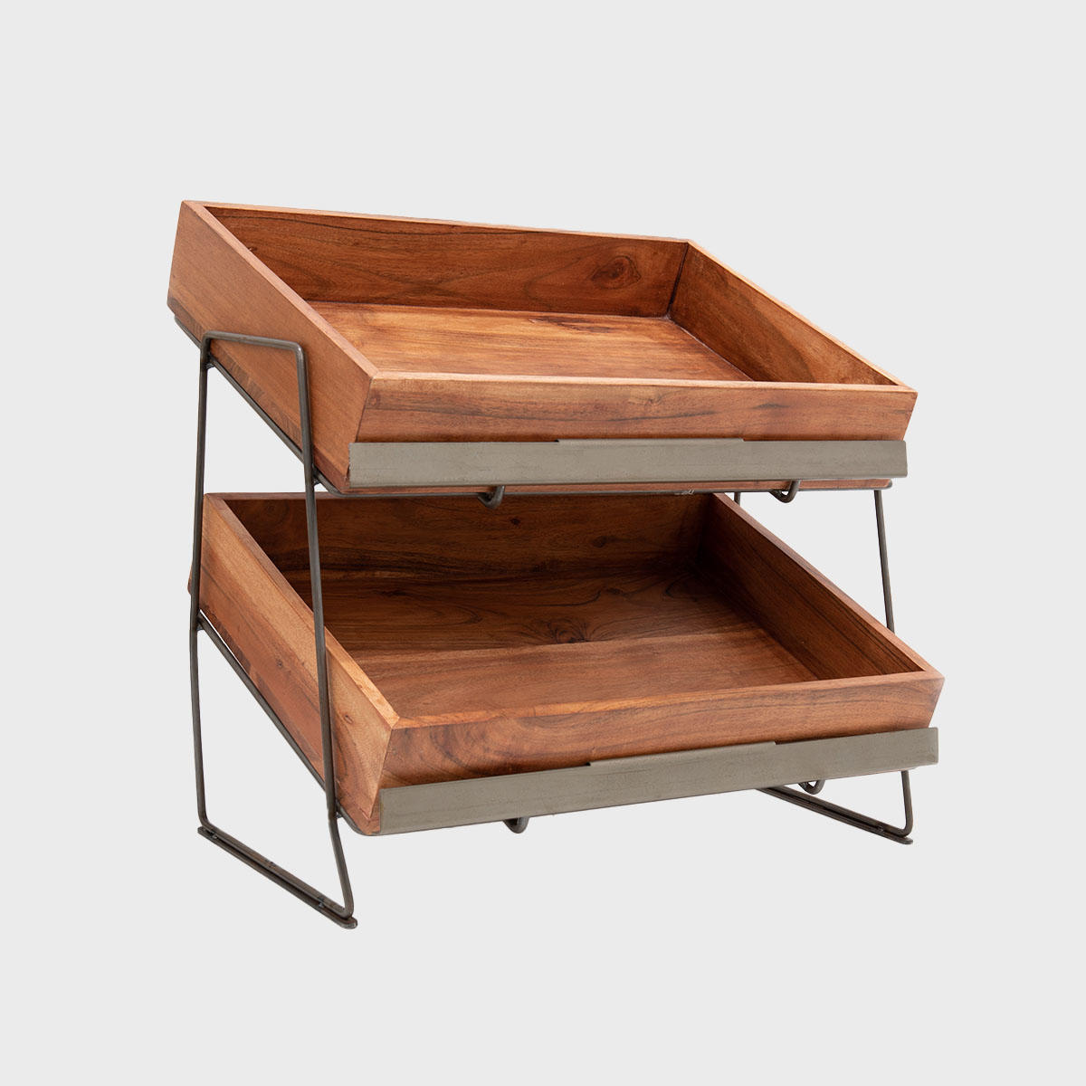 Railton tiered countertop display unit with medium acacia trays featuring a multi-tiered layout for product positioning.