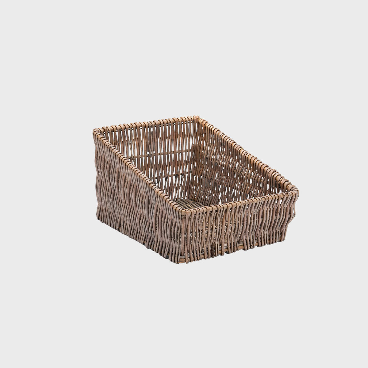 Medium deep angled wicker basket hand-woven from natural split-wicker.
