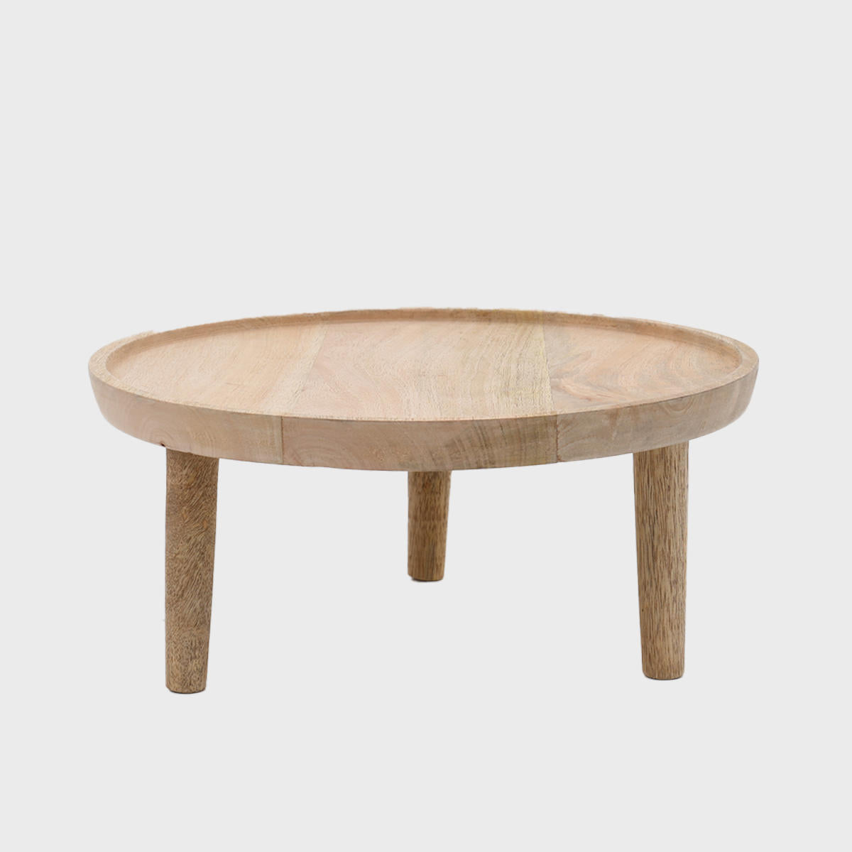 Mango wood cake stand with lip featuring a stable base and decorative scalloped edge.