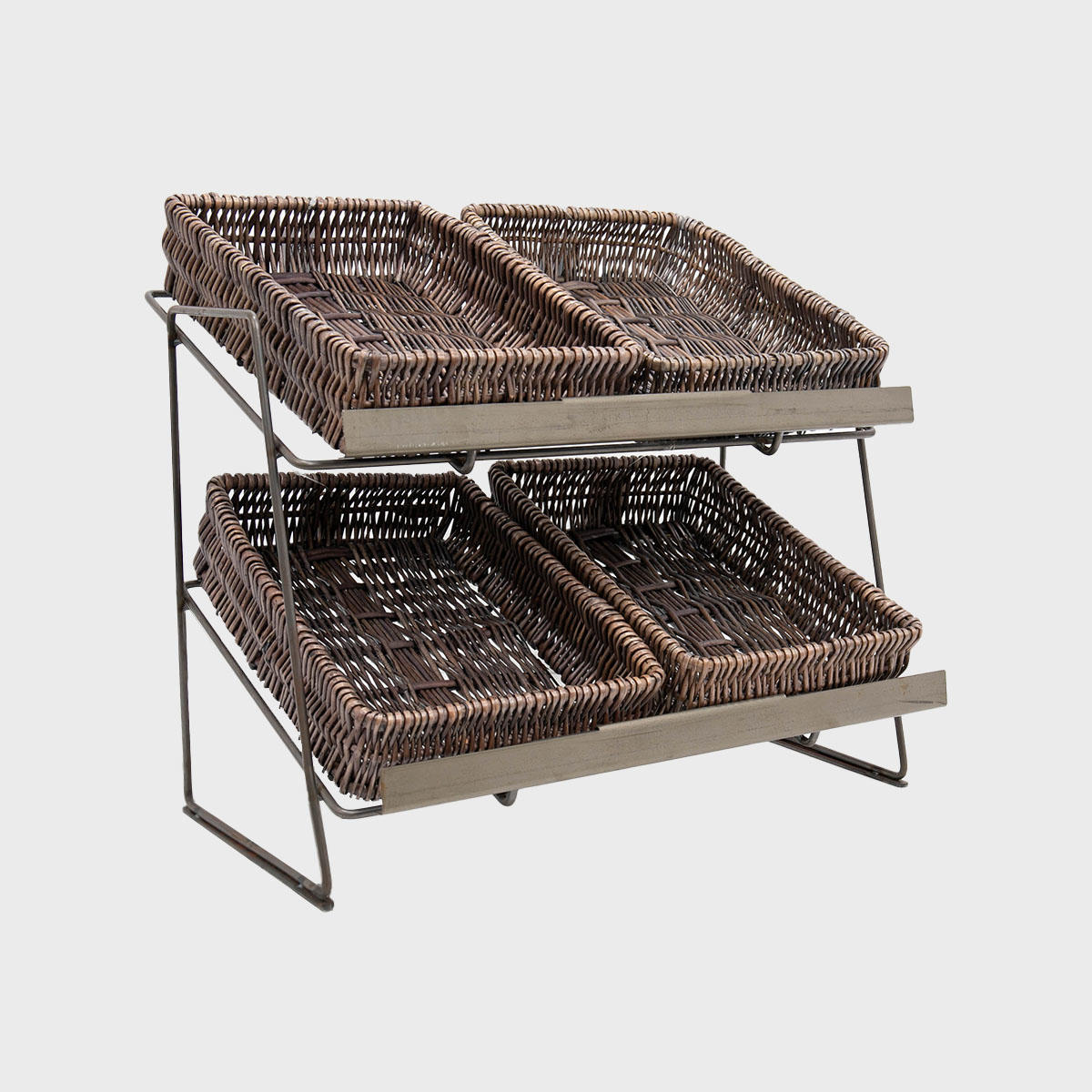 Railton tiered counter top display unit with small pewter wicker trays multi-tiered layout for product positioning.