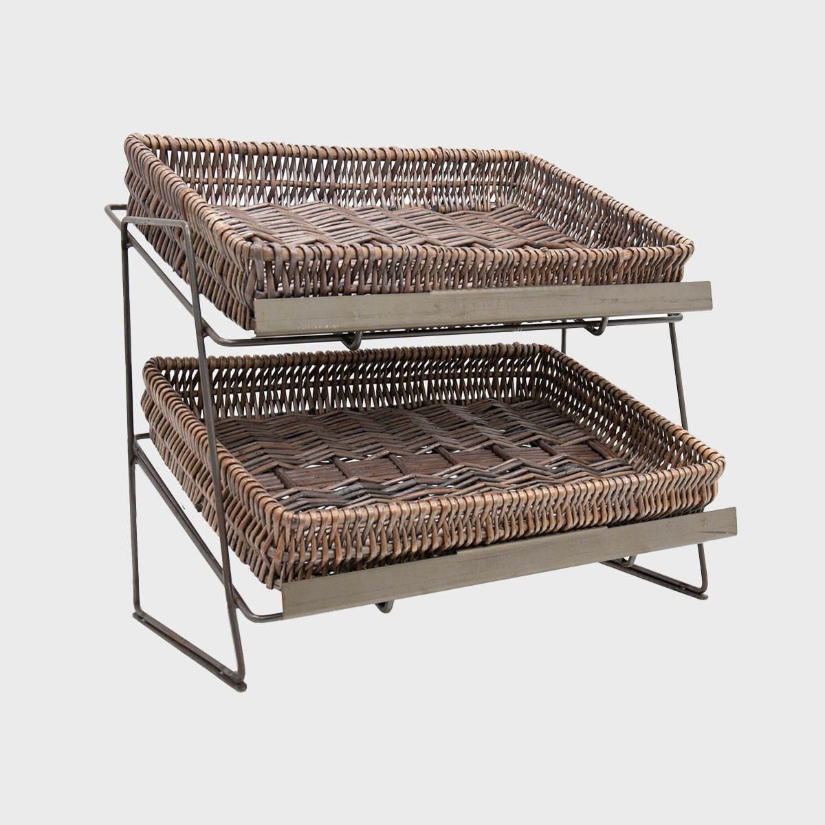 Railton tiered counter top display unit with medium pewter wicker trays multi-tiered layout for product positioning.