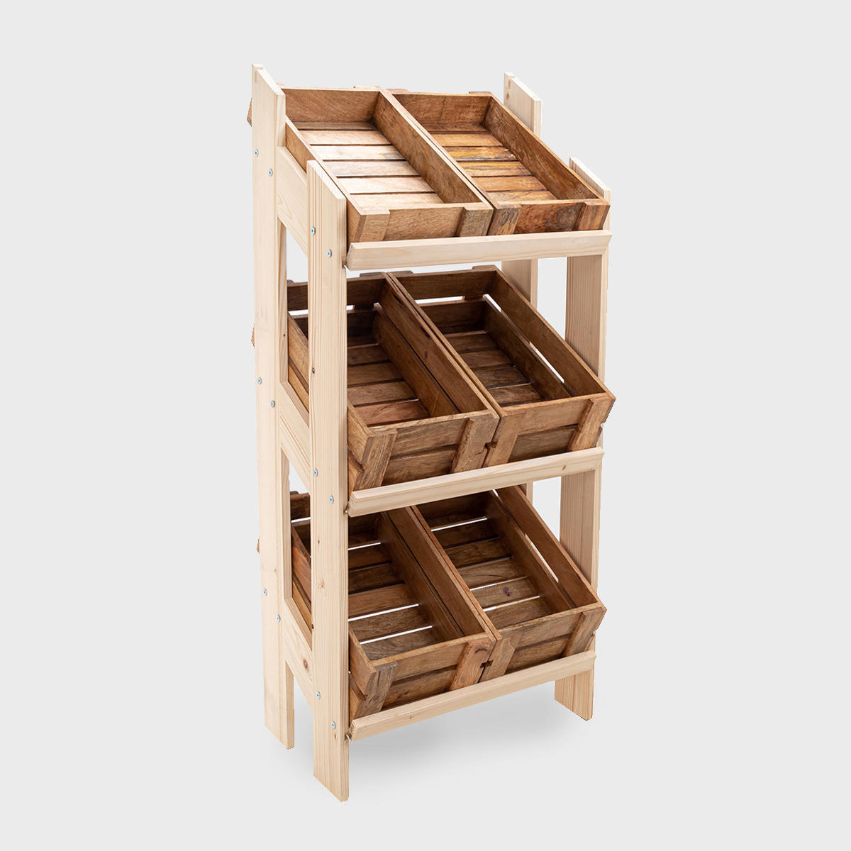 Norwood 3-shelf stained pine stand with mango wood crates 650mm with structured, low-profile walls and open-top design.