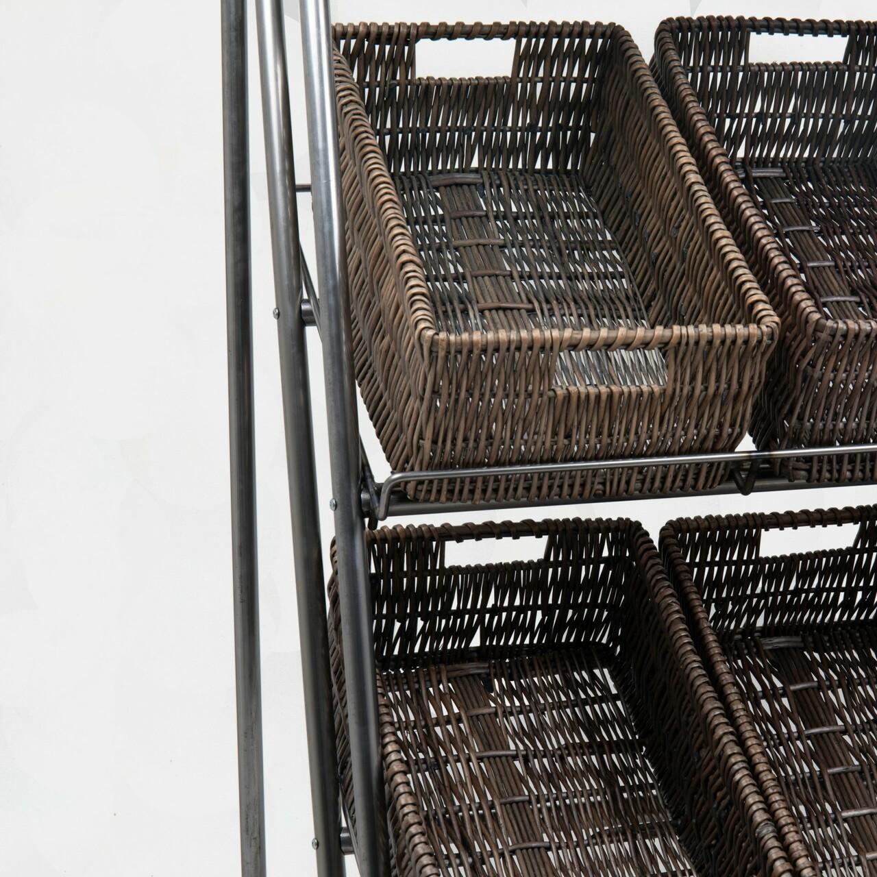 Camberwell retail stand 3 shelf with chatto wicker trays in pewter brown multi-tiered layout for product positioning.