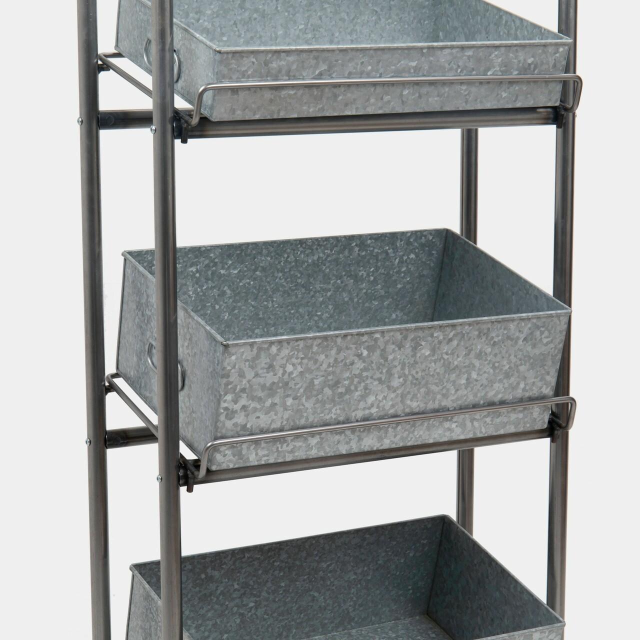 Camberwell retail stand 4 shelf with chatto chatto metal tray featuring a multi-tiered layout for product positioning.