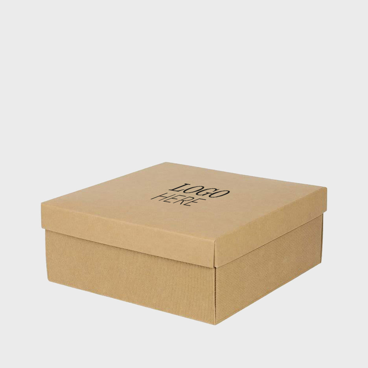Kraft square gift hamper box with drop on lid from high-density rigid paperboard.