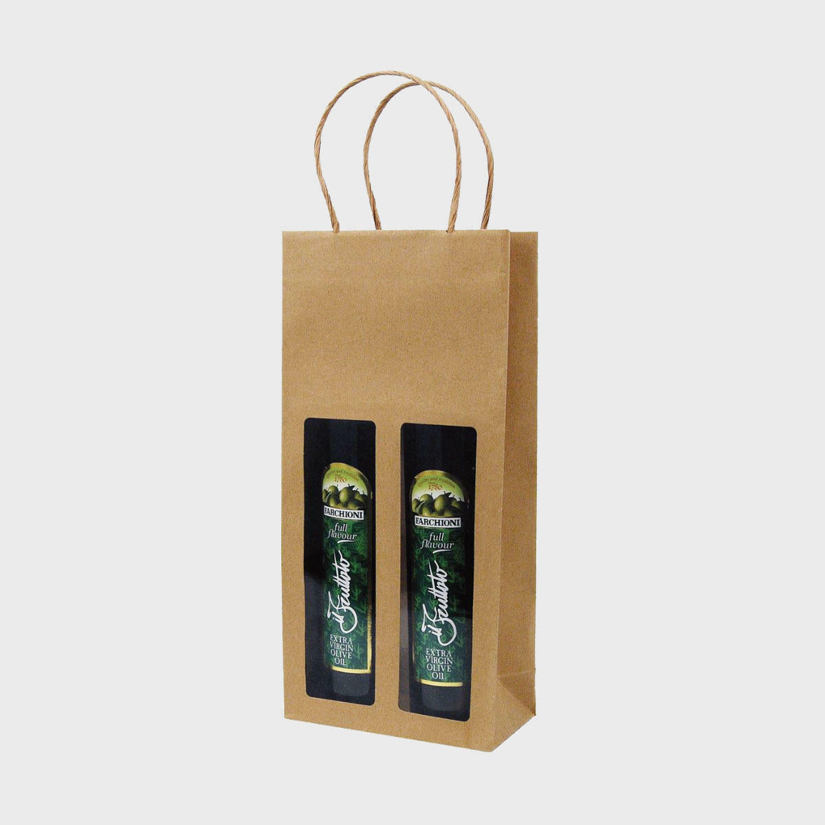 Kraft bottle gift bag with window featuring a patterned finish and heavy-duty handles.