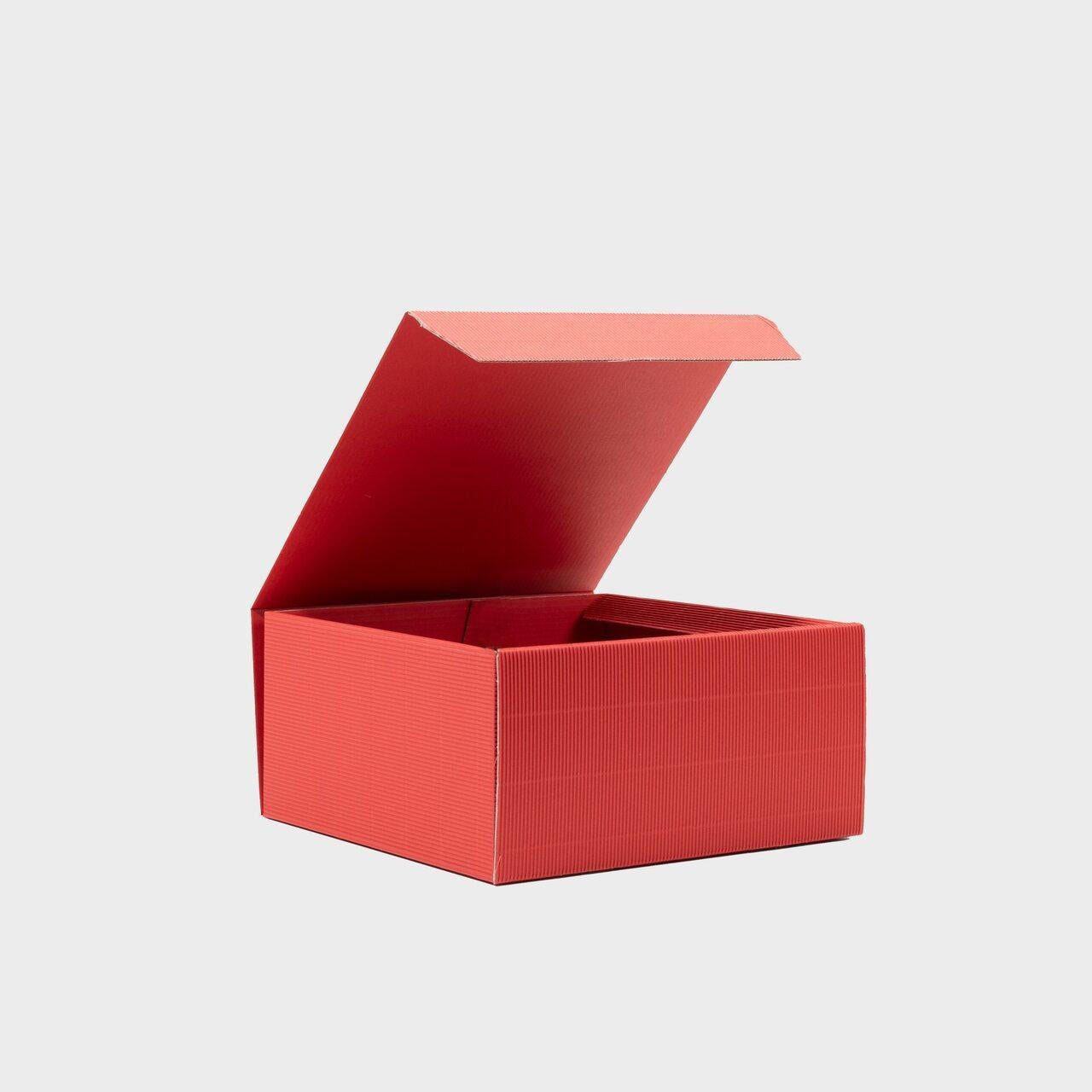 Square fluted card gift box from high-density rigid paperboard.
