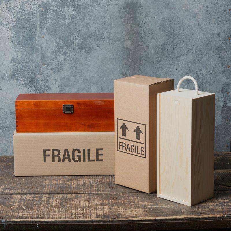 1 Magnum bottle wooden box with sliding lid with premium natural wood grain and secure hardware closures.