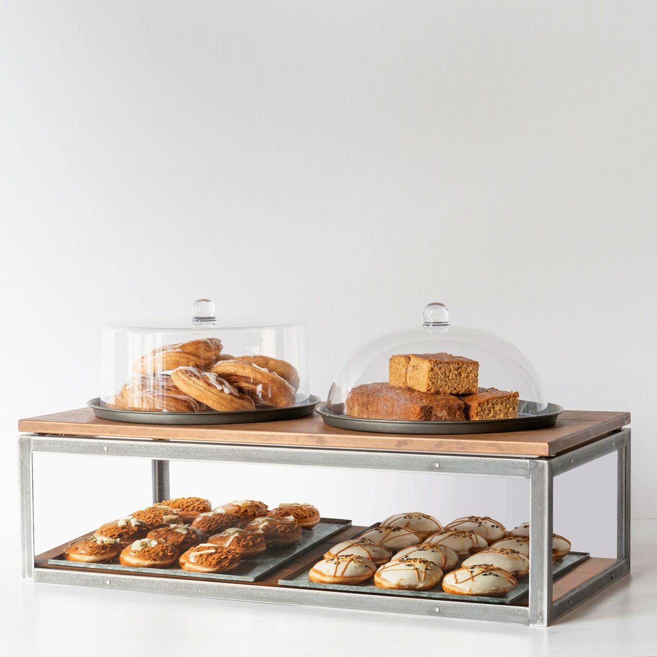 BRIX short display riser with dark wood top (without food guard) designed to add functional height and dimension.
