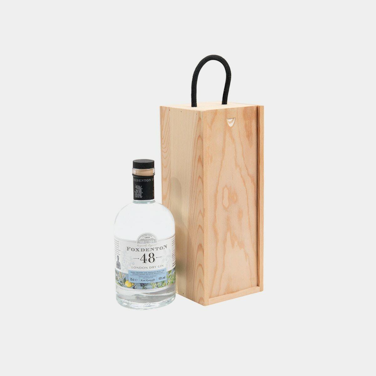 1 spirit bottle wooden box with black rope handle with premium natural wood grain and secure hardware closures.