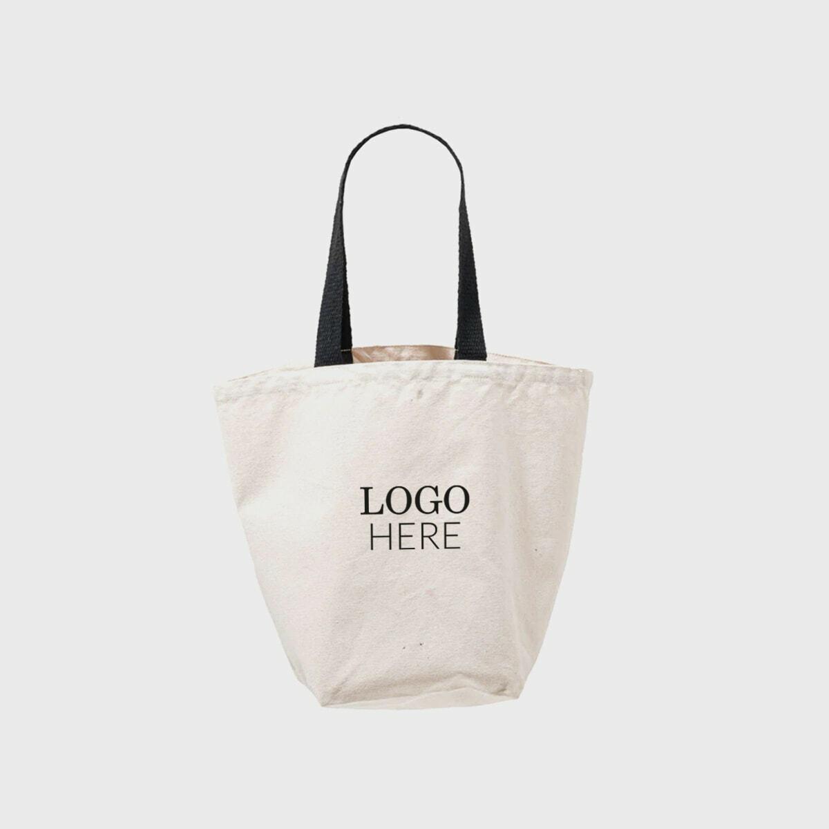 Large natural 12oz canvas bag with base gusset and black handles.