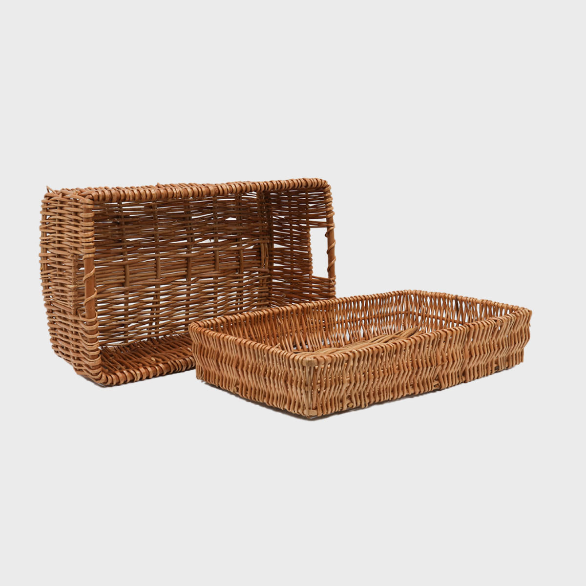 Shallow wicker basket hand-woven from natural split-wicker.
