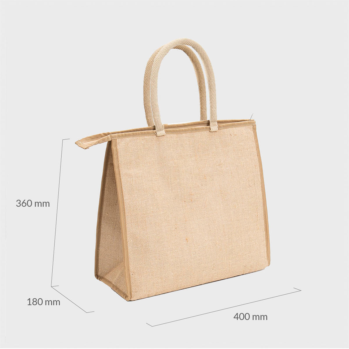 Large natural jute cooler bag with padded handles.
