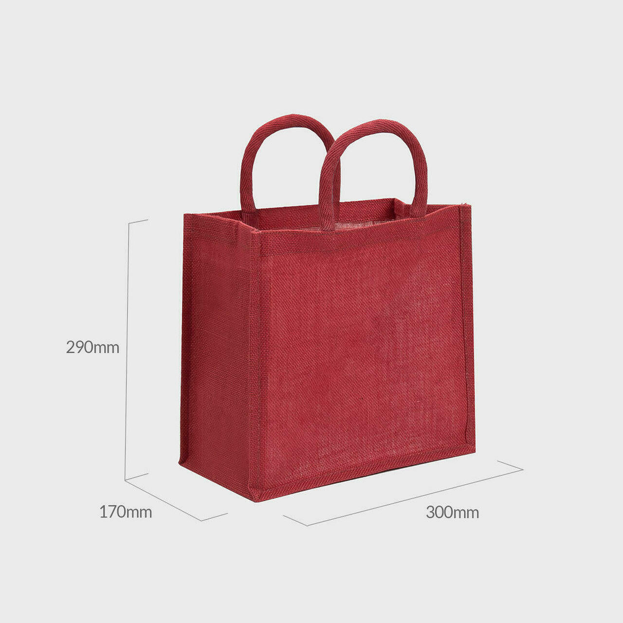 Medium red jute bag with padded handles.
