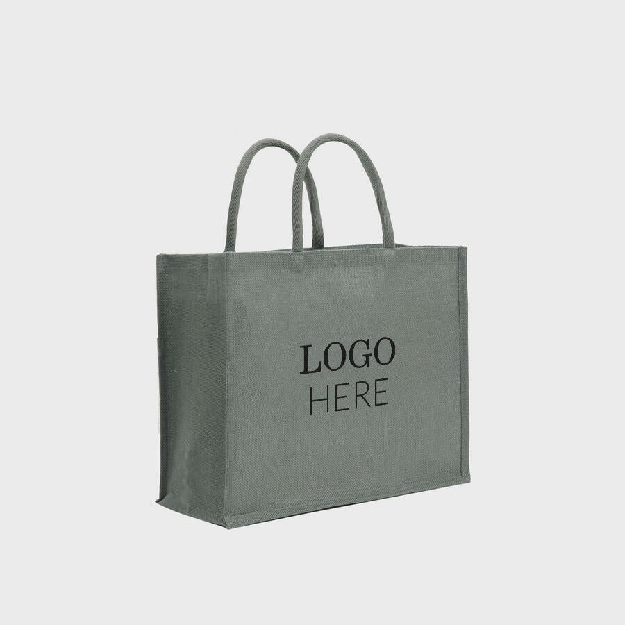 Medium grey jute bag with padded handles.