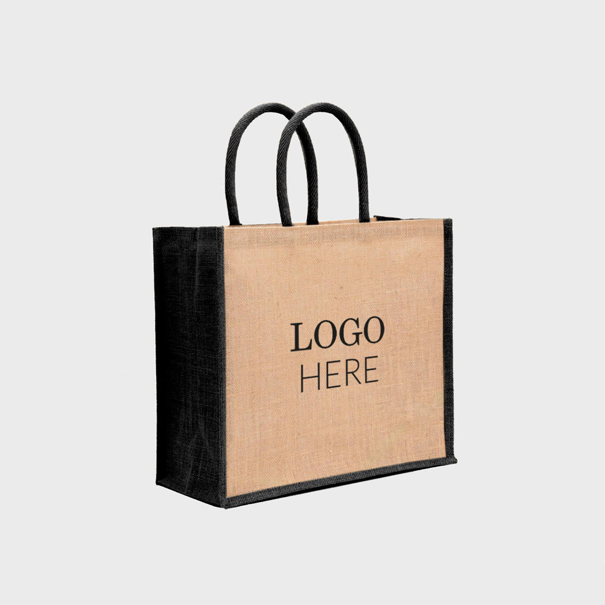 Large natural jute bag with black gussets and padded handles.