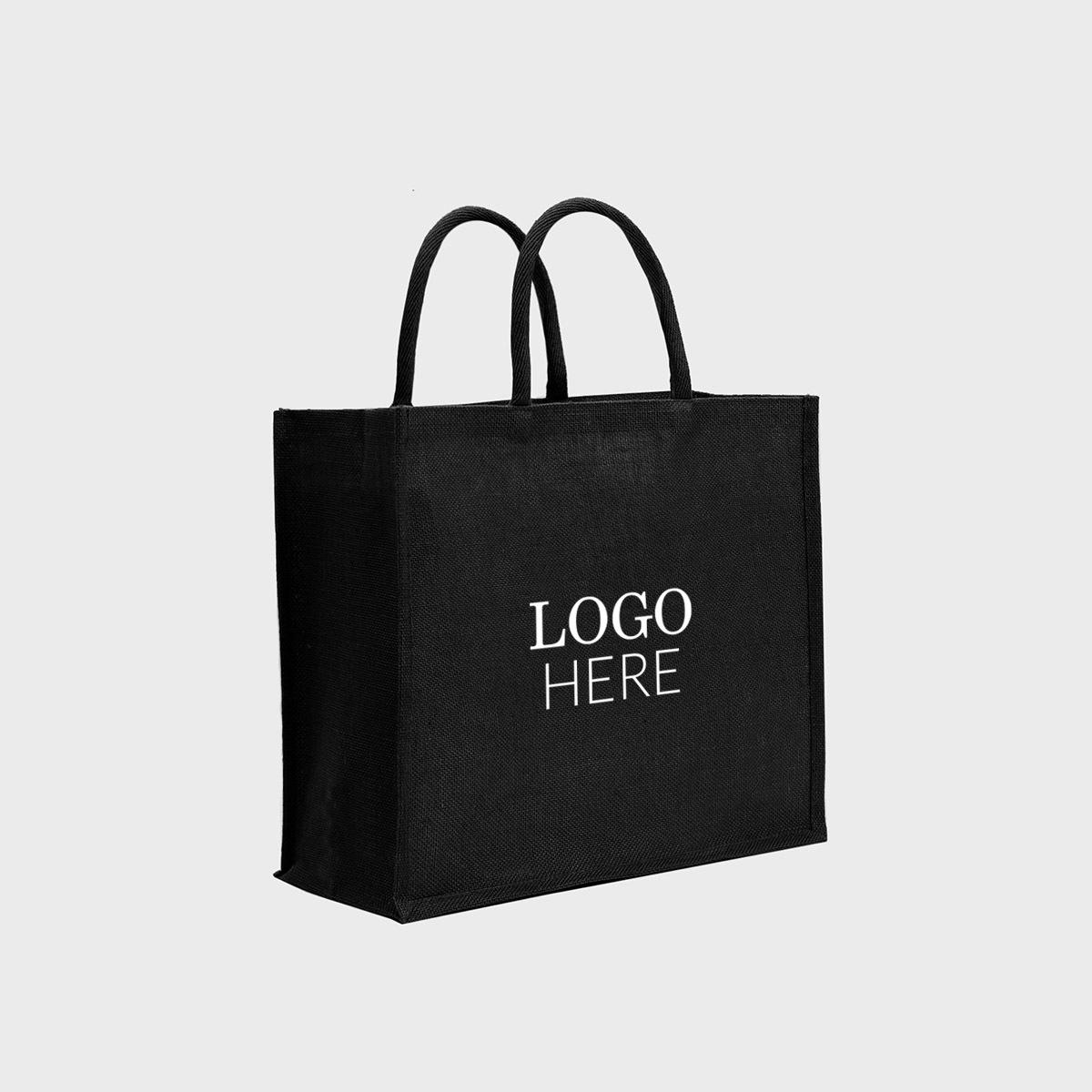 Large black jute bag with padded handles.