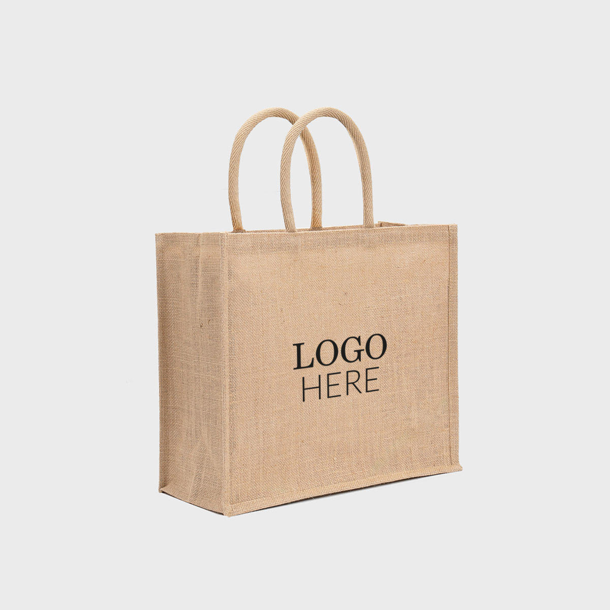 Large natural jute bag with padded handles.