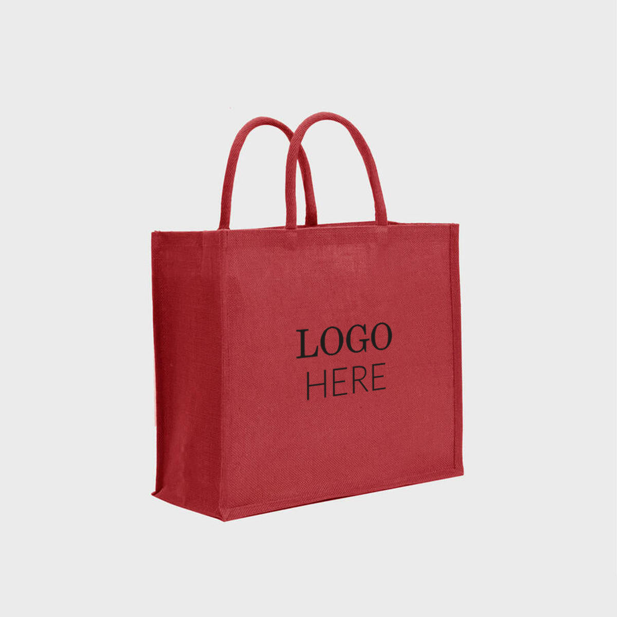 Large red jute bag with padded handles.
