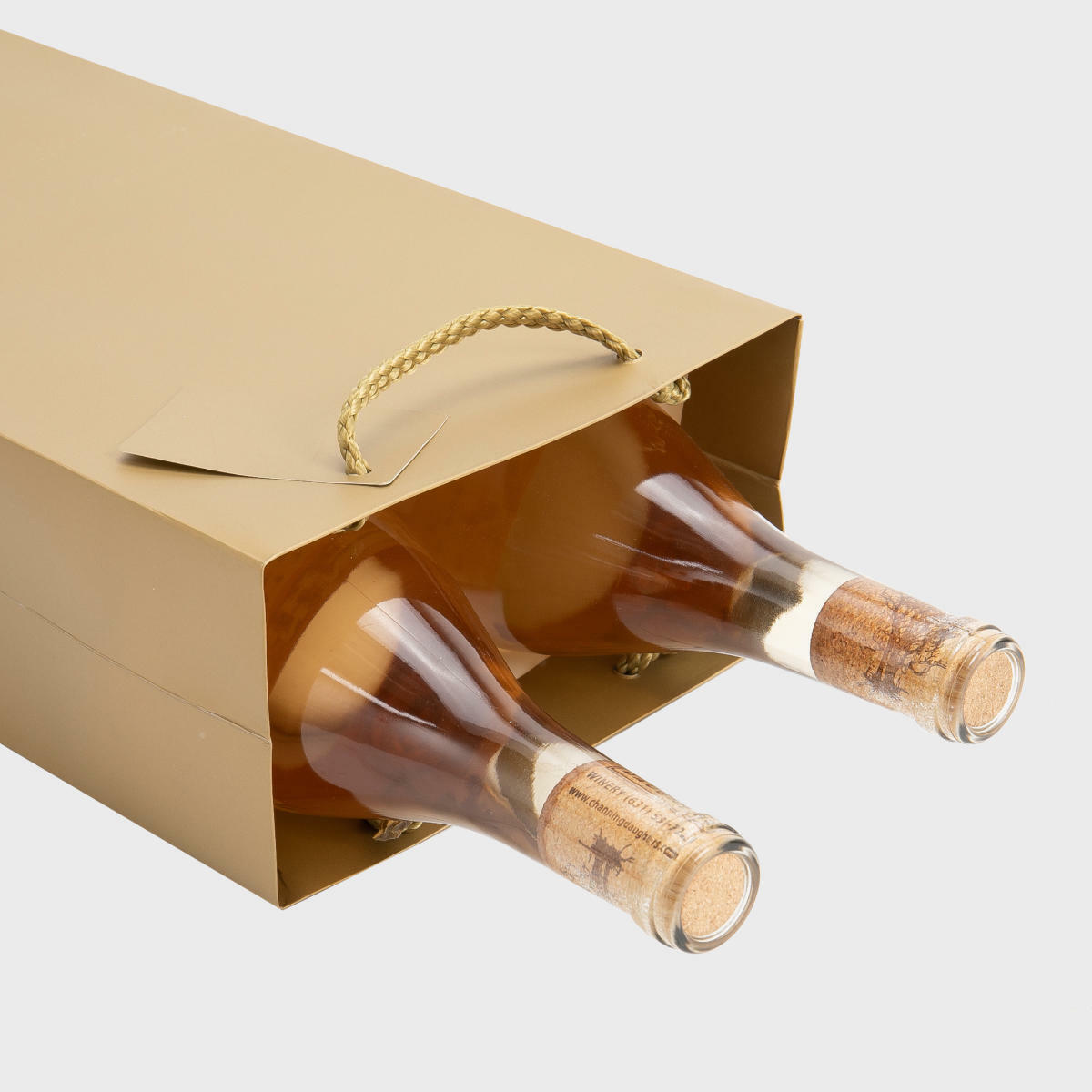 2 Bottle laminated paper gift bag featuring a patterned finish and heavy-duty handles.
