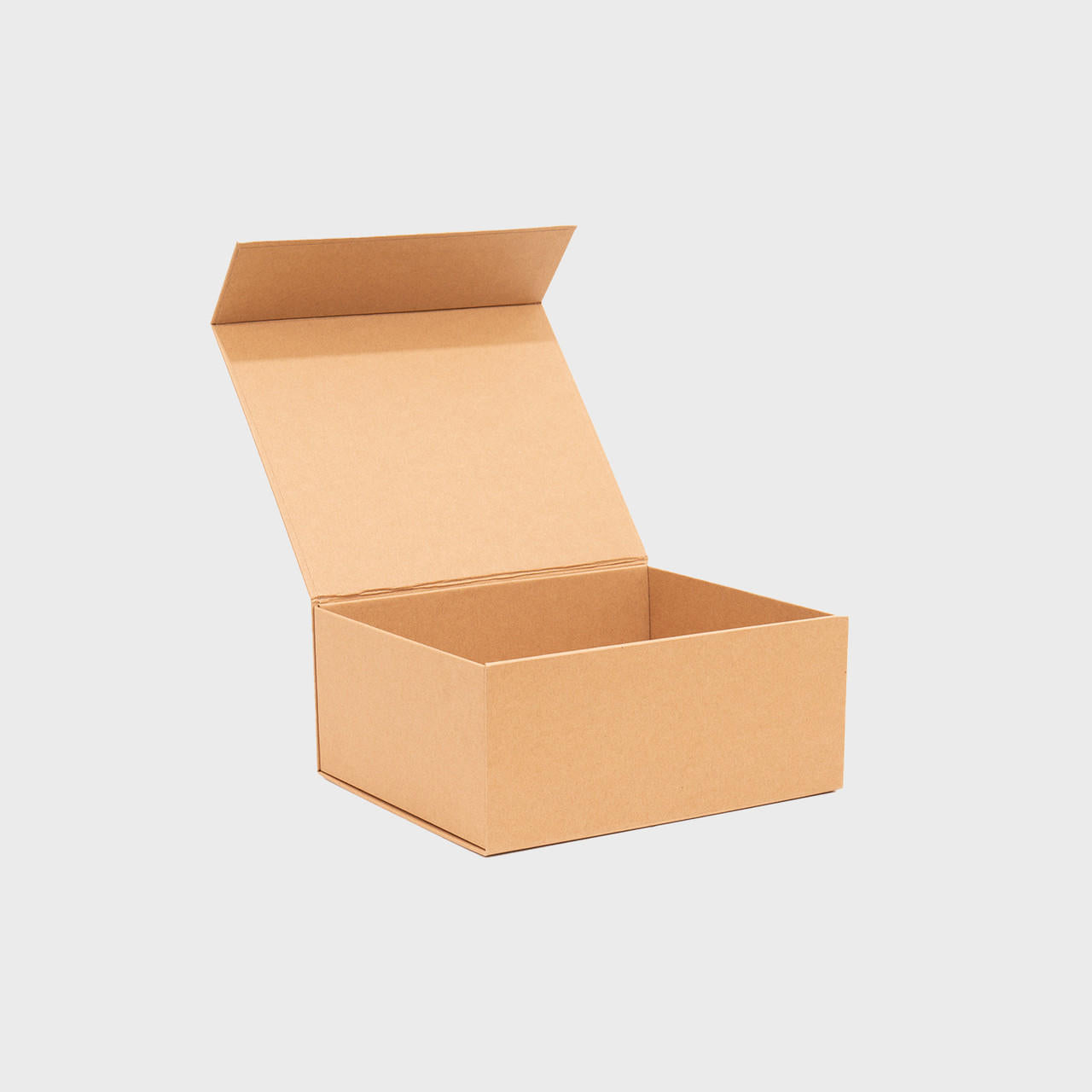 Kraft quick assemble magnetic gift box from high-density rigid paperboard.