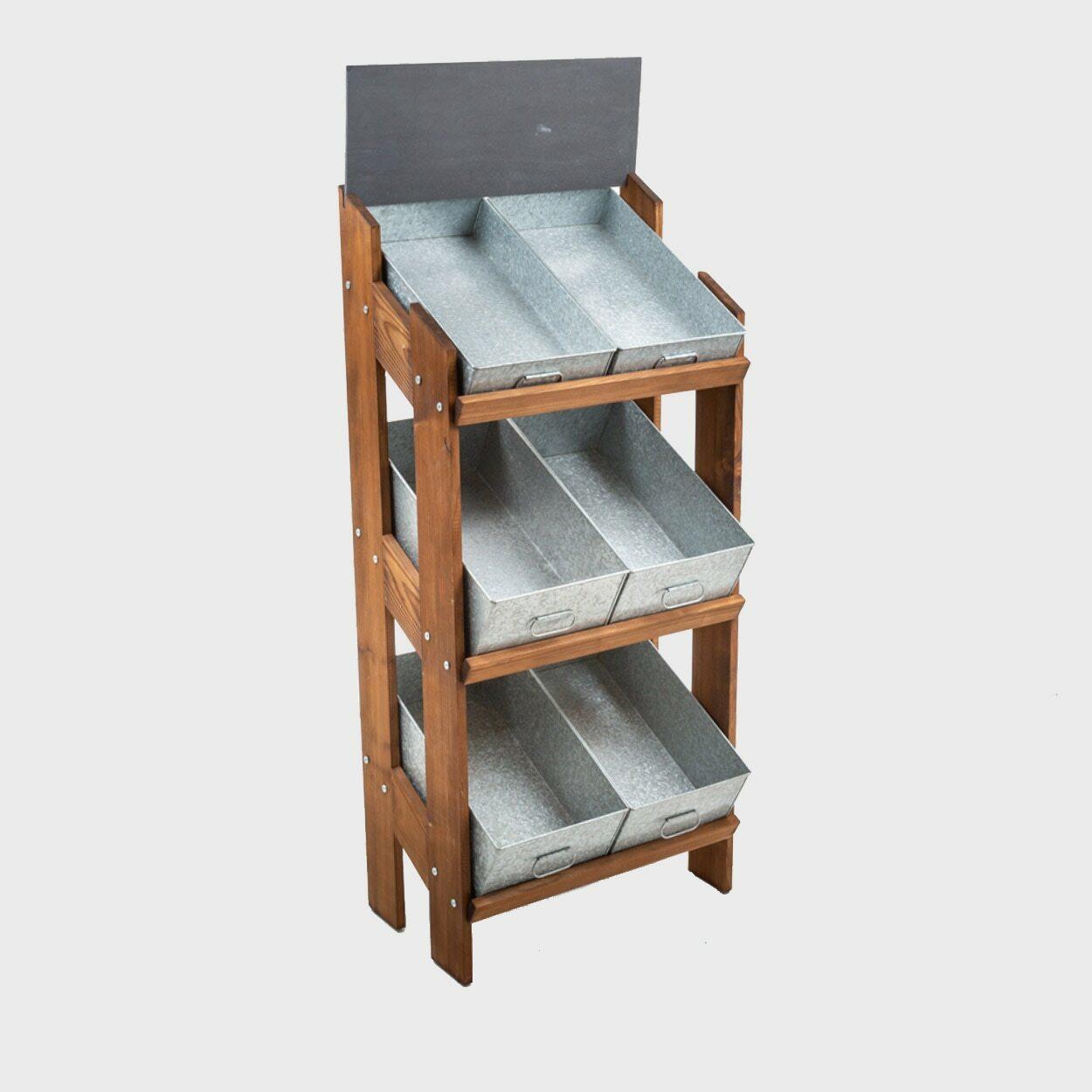 Norwood 3-shelf dark oak stand with galvanised trays and blackbaord 650 with structured, low-profile walls and open-top design.