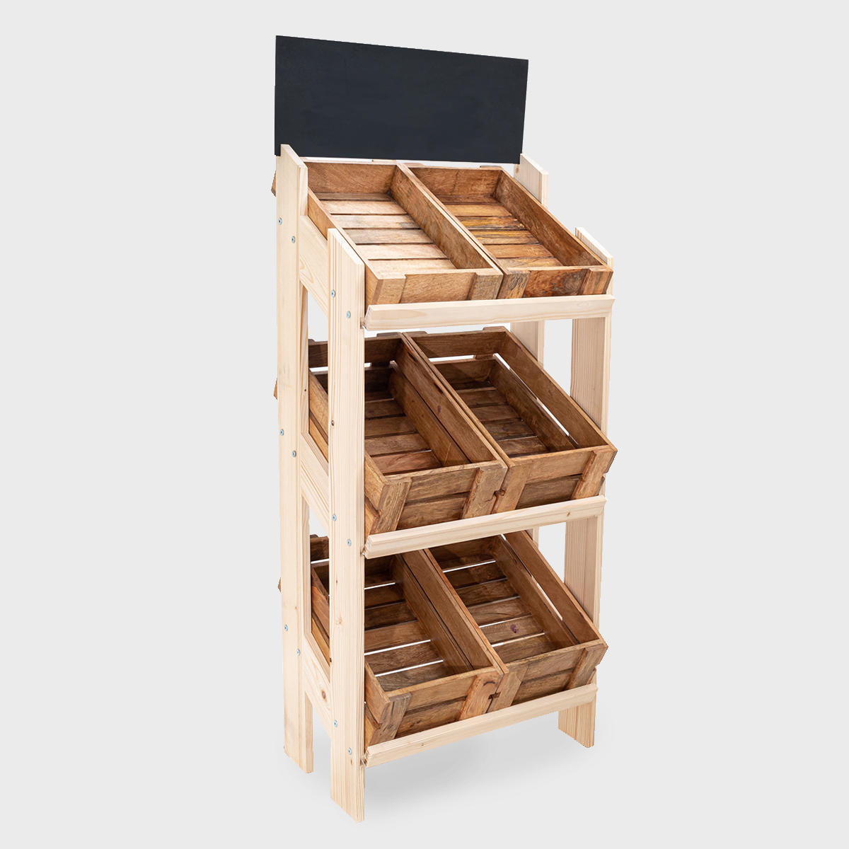 Norwood 3-shelf stand with mango wood crates 650 featuring a multi-tiered layout for product positioning.