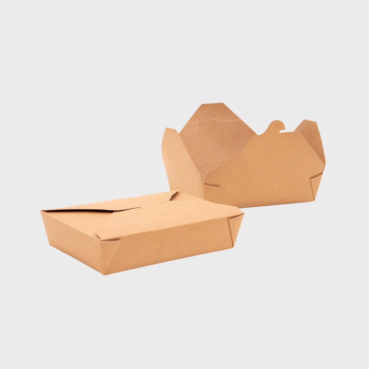 No leak kraft takeaway boxes with leak-resistant folds and heavy-duty paperboard body.
