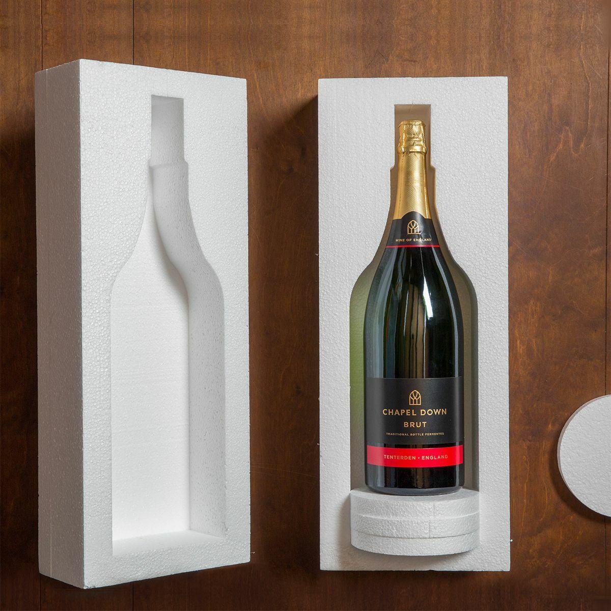 Double magnum aka jeroboam bottle Polysafe shipping box from thick, impact-resistant inner for bottle security.