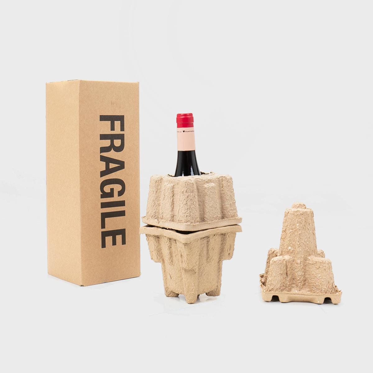1 bottle Pulpsafe shipping box from thick, impact-resistant inner for bottle security.