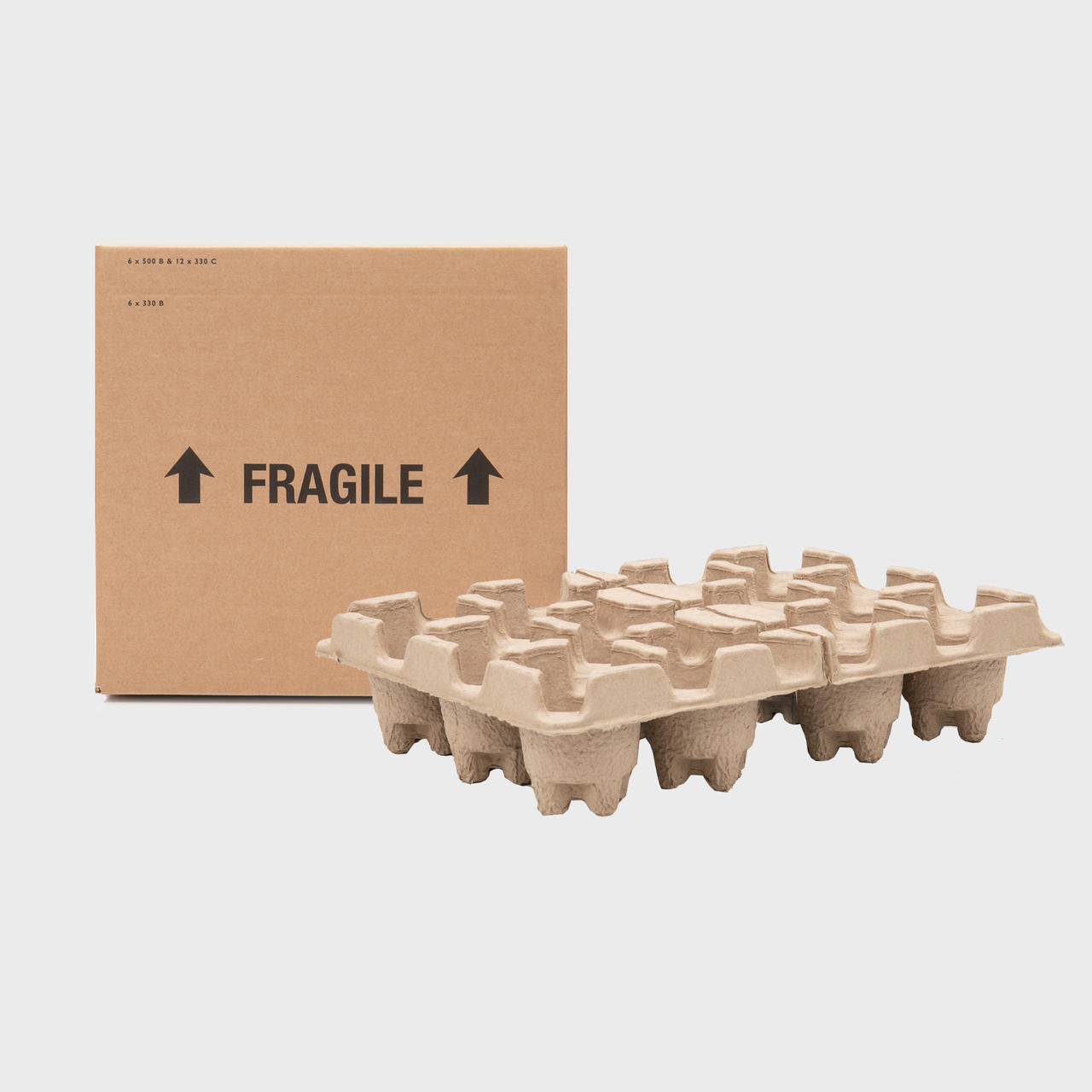 6 500ml beer bottle or 12 330ml can Pulpsafe shipping box from thick, impact-resistant inner for bottle security.