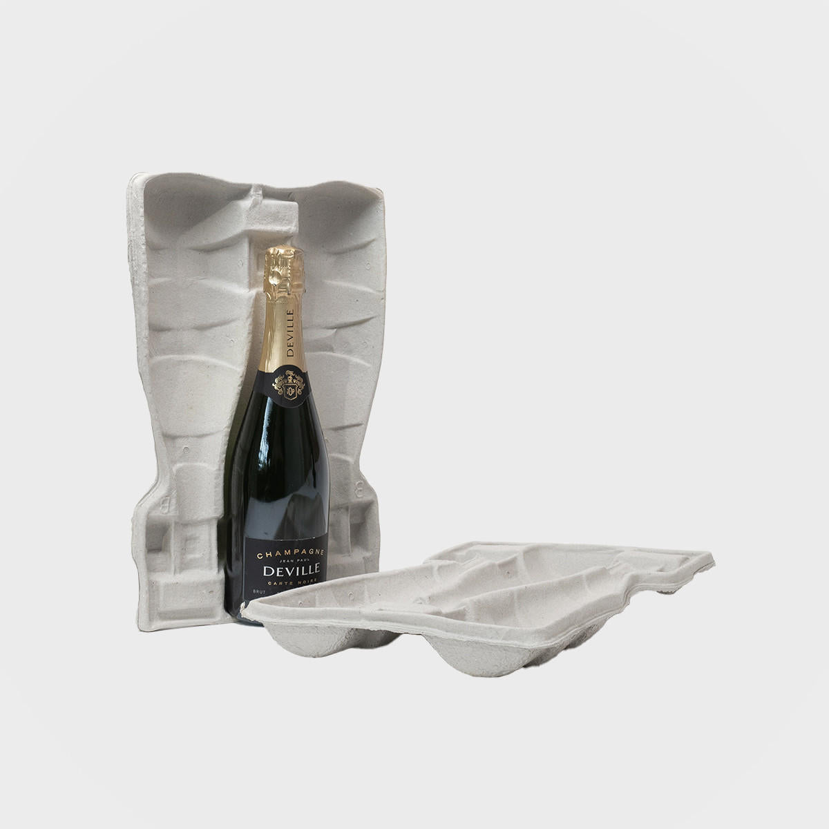 3 champagne bottle pulp divider tray with structured, low-profile walls and open-top design.