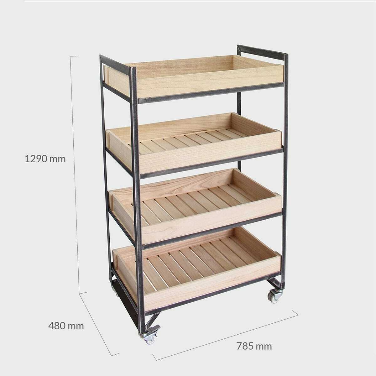 Kingsley 4 shelf trolley unit with timber chitting trays with structured, low-profile walls and open-top design.
