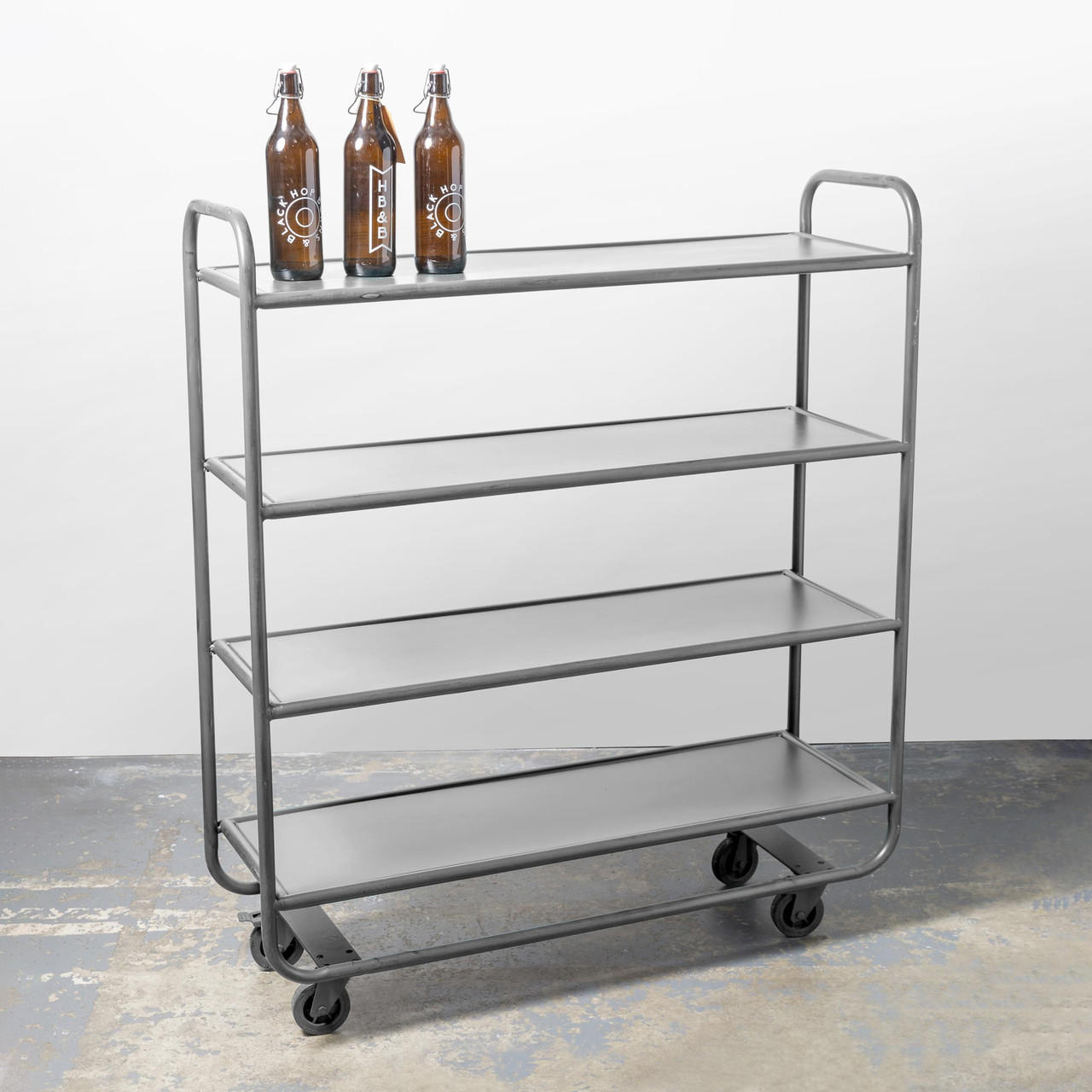 4 Tier antique silver shelving unit on castors featuring a multi-tiered layout for product positioning.