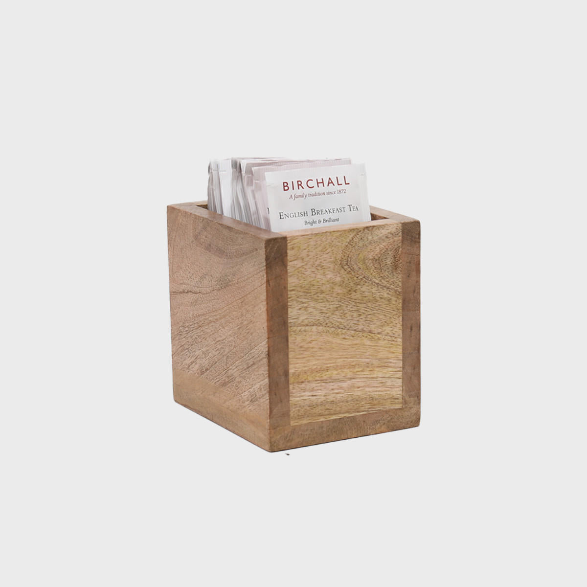 Single compartment mango wood caddy with structured, low-profile walls and open-top design.