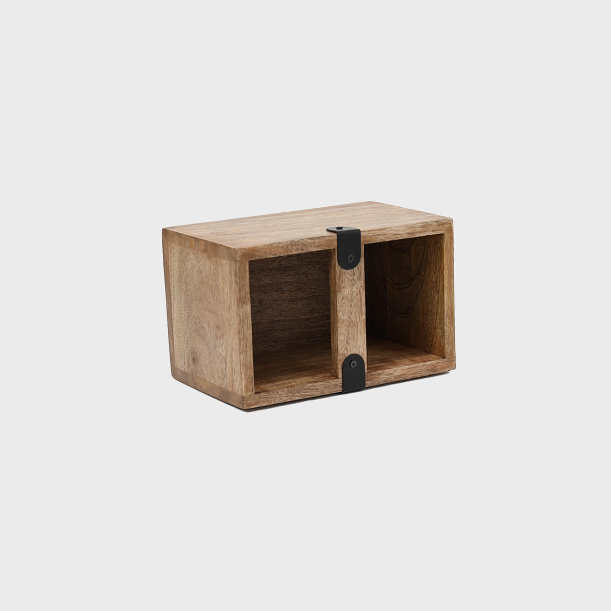Double compartment mango wood caddy with black iron finishes with structured, low-profile walls and open-top design.